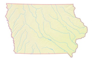 Iowa Eyaleti 'nin (Amerika Birleşik Devletleri) haritası, izole edilmiş bölgeyi deniz, nehir, göl ve sınır gibi su kaynaklarıyla göstermektedir. Hiç etiket yok..