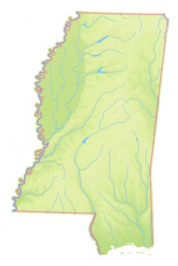 Mississippi Eyaleti 'nin (Amerika Birleşik Devletleri) izole edilmiş toprakları, deniz, nehir, göl ve sınır gibi su kaynaklarını gösteren haritası. Hiç etiket yok..