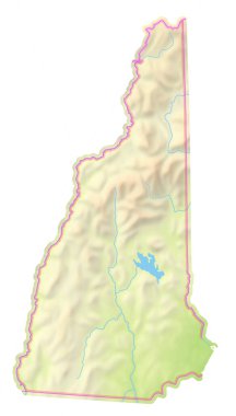 New Hampshire Eyaleti 'nin (Amerika Birleşik Devletleri) haritası, izole edilmiş bölgeyi deniz, nehir, göl ve sınır gibi su kütleleriyle göstermektedir. Hiç etiket yok..