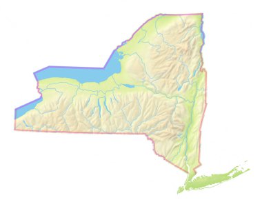 New York Eyaleti 'nin (Amerika Birleşik Devletleri) izole edilmiş toprakları, deniz, nehir, göl ve sınır gibi su kaynaklarını gösteren haritası. Hiç etiket yok..