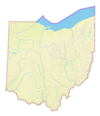 Ohio Eyaleti (Amerika Birleşik Devletleri) haritası, izole edilmiş bölgeyi, deniz, nehir, göl ve sınır gibi su kaynaklarıyla göstermektedir. Hiç etiket yok..