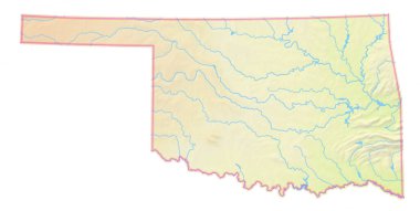 Oklahoma Eyaleti (Amerika Birleşik Devletleri) haritası, izole edilmiş bölgeyi deniz, nehir, göl ve sınır gibi su kütleleriyle göstermektedir. Hiç etiket yok..