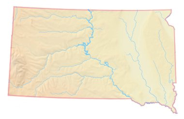 Güney Dakota (Amerika Birleşik Devletleri) haritası, ıssız bölgeyi deniz, nehir, göl ve sınır gibi su kaynaklarıyla göstermektedir. Hiç etiket yok..