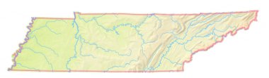 Tennessee Eyaleti 'nin (Amerika Birleşik Devletleri) izole edilmiş bölgesini deniz, nehir, göl ve sınır gibi su kaynaklarıyla göstermektedir. Hiç etiket yok..