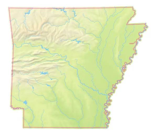 Arkansas devletinin (Amerika Birleşik Devletleri) haritası, izole edilmiş bölgeyi, deniz, nehir, göl ve sınır gibi su kaynaklarıyla göstermektedir. Hiç etiket yok..