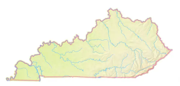 stock image Map of the State Kentucky (United States of America) showing the isolated territory with relief representation, water bodies like seas, rivers, lakes and with borders. No labels at all.