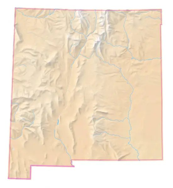 New Mexico Eyaleti 'nin (Amerika Birleşik Devletleri) izole edilmiş bölgesini, deniz, nehir, göl ve sınır gibi su kaynaklarını gösteren haritası. Hiç etiket yok..