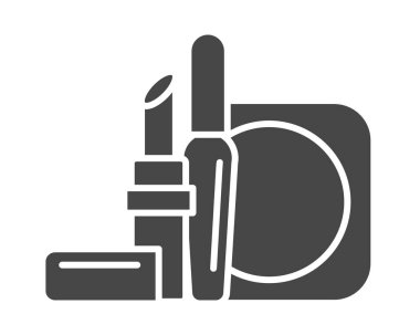 Makeup and cosmetics. Vector set of beauty graphic black icons including lipstick, mascara, powder.