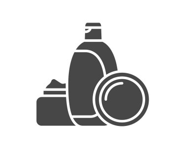 Vector set of beauty, cosmetics and care black icons. Bottle, jar, shower gel, face cream, body lotion, spray, ointment, paste.