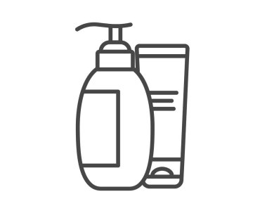 Vector set of beauty, cosmetics and care icons. Bottle, jar, shower gel, face cream, body lotion, spray, ointment, paste.