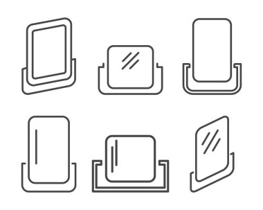 Yüz aynası grafik ikonu koleksiyonu. Beyaz arkaplanda düz stil vektör kozmetik ve güzellik simgeleri.