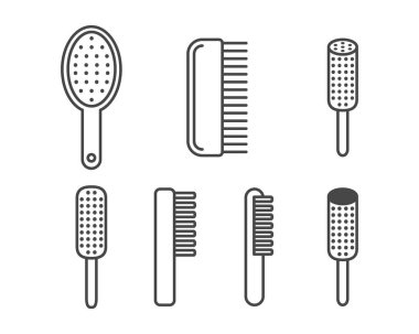 Tarakların ve saç fırçalarının grafik ikonları koleksiyonu. Beyaz arkaplanda düz stil vektör kozmetik ve güzellik simgesi.