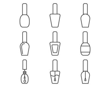 Manikür ve pedikür için tırnak cilası şeklinde güzelliğin doğrusal vektör grafik simgeleri koleksiyonu.