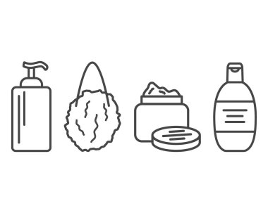 Güzellik, kozmetik ve özen ikonlarının toplanması. Şişe, kavanoz, duş jeli, yüz kremi, vücut losyonu, sprey, merhem, macun..