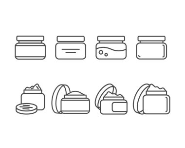 Güzellik, kozmetik ve özen ikonlarının toplanması. Şişe, kavanoz, duş jeli, yüz kremi, vücut losyonu, sprey, merhem, macun..