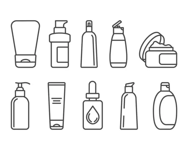 Güzellik, kozmetik ve özen ikonlarının toplanması. Şişe, kavanoz, duş jeli, yüz kremi, vücut losyonu, sprey, merhem, macun..