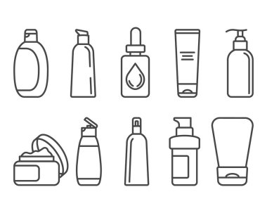 Güzellik, kozmetik ve özen ikonlarının toplanması. Şişe, kavanoz, duş jeli, yüz kremi, vücut losyonu, sprey, merhem, macun..