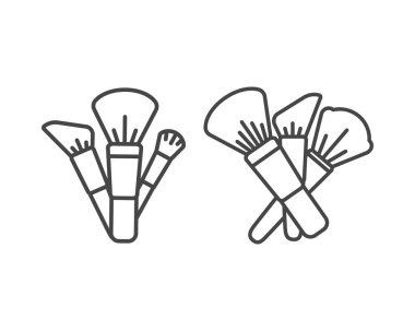 Makyaj ve makyaj malzemeleri. Yüz, pudra, allık, göz farı için güzellik fırçaları koleksiyon vektör simgeleri.