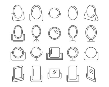 Yüz aynası grafik ikonu koleksiyonu. Beyaz arkaplanda düz stil vektör kozmetik ve güzellik simgeleri.