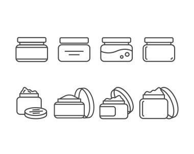 Güzellik, kozmetik ve özen ikonlarının toplanması. Şişe, kavanoz, duş jeli, yüz kremi, vücut losyonu, sprey, merhem, macun..