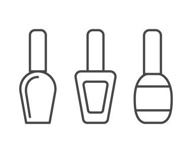 Manikür ve pedikür için tırnak cilası şeklinde güzelliğin doğrusal vektör grafik simgeleri koleksiyonu.