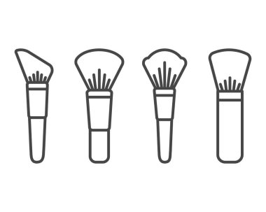 Makyaj ve makyaj malzemeleri. Yüz, pudra, allık, göz farı için güzellik fırçaları koleksiyon vektör simgeleri.