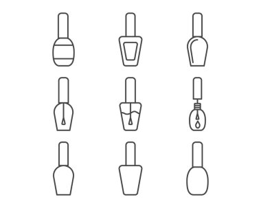 Manikür ve pedikür için tırnak cilası şeklinde güzelliğin doğrusal vektör grafik simgeleri koleksiyonu.