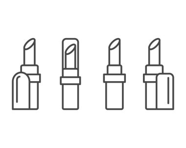 Makyaj malzemeleri ve kozmetik ürünleri. Dudak bakımı kapaklı ruj şeklinde güzel doğrusal vektör grafik simgeleri.