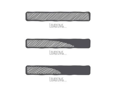 Koleksiyon Yükleme Çubuğu durum simgesi. Vektör çizimi. Vektör yüklü simgeler kümesi. İndirme işlemi sürüyor. Yükle ya da yükle. El çizimi çizim-karalama.