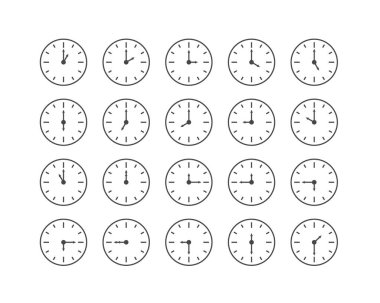 Simgeler zaman ayarlı, saat, çalar saat, kronometre ve zaman simgesi. Beyaz arkaplanda düz biçimdeki vektör illüstrasyonu