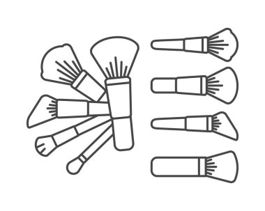 Makyaj ve makyaj malzemeleri. Yüz, pudra, allık, göz farı için güzellik fırçaları koleksiyon vektör simgeleri.