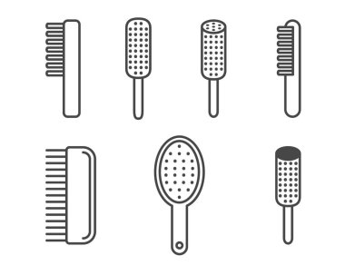 Tarakların ve saç fırçalarının grafik ikonları koleksiyonu. Beyaz arkaplanda düz stil vektör kozmetik ve güzellik simgesi.