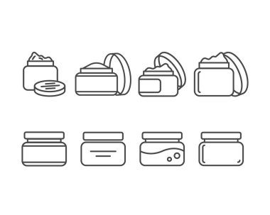 Güzellik, kozmetik ve özen ikonlarının toplanması. Şişe, kavanoz, duş jeli, yüz kremi, vücut losyonu, sprey, merhem, macun..
