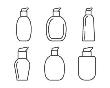 Güzellik, kozmetik ve özen ikonlarının toplanması. Şişe, kavanoz, duş jeli, yüz kremi, vücut losyonu, sprey, merhem, macun..