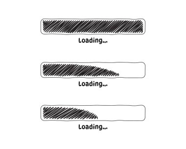 Koleksiyon Yükleme Çubuğu durum simgesi. Vektör çizimi. Vektör yüklü simgeler kümesi. İndirme işlemi sürüyor. Yükle ya da yükle. El çizimi çizim-karalama.