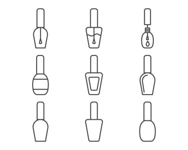 Manikür ve pedikür için tırnak cilası şeklinde güzelliğin doğrusal vektör grafik simgeleri koleksiyonu.