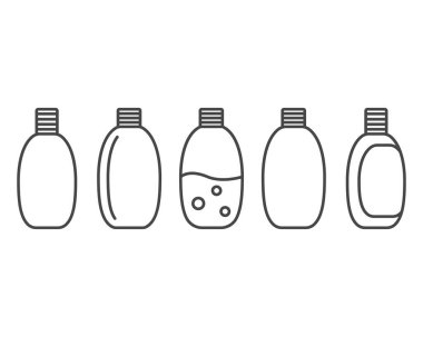 Güzellik, kozmetik ve özen ikonlarının toplanması. Şişe, kavanoz, duş jeli, yüz kremi, vücut losyonu, sprey, merhem, macun..