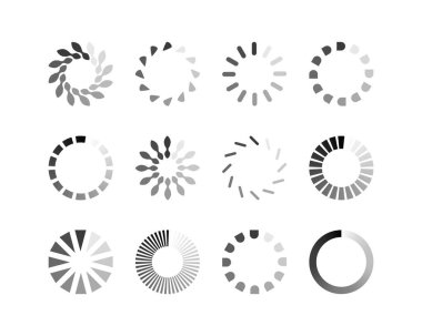 Koleksiyon Yükleme Çubuğu durum simgesi. Vektör çizimi. Vektör yüklü simgeler kümesi. İndirme işlemi sürüyor. Donload ya da Gönderme.