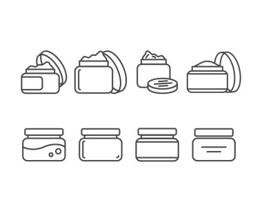 Güzellik, kozmetik ve özen ikonlarının toplanması. Şişe, kavanoz, duş jeli, yüz kremi, vücut losyonu, sprey, merhem, macun..