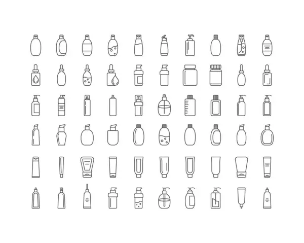 Güzellik, kozmetik ve özen ikonlarının toplanması. Şişe, kavanoz, duş jeli, yüz kremi, vücut losyonu, sprey, merhem, macun..