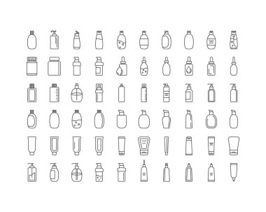 Güzellik, kozmetik ve özen ikonlarının toplanması. Şişe, kavanoz, duş jeli, yüz kremi, vücut losyonu, sprey, merhem, macun..