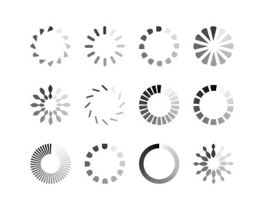 Koleksiyon Yükleme Çubuğu durum simgesi. Vektör çizimi. Vektör yüklü simgeler kümesi. İndirme işlemi sürüyor. Donload ya da Gönderme.