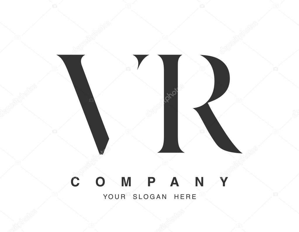 VR logo design. Initial letter v and r serif font style. Creative classic company name typography. Trendy logotype or identity.