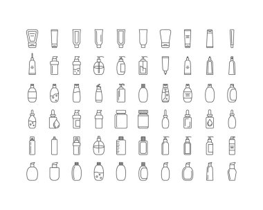 Güzellik, kozmetik ve özen ikonlarının toplanması. Şişe, kavanoz, duş jeli, yüz kremi, vücut losyonu, sprey, merhem, macun..