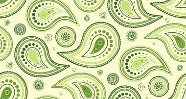 Elegant green paisley pattern on a cream background.  Perfect for textiles, wallpaper, or website design.  Features intricate details and a sophisticated, nature-inspired aesthetic. clipart