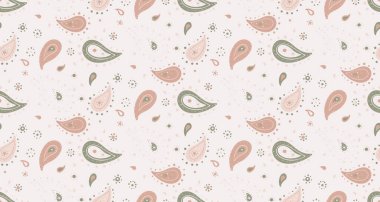 Paisley deseni çok hoş. Narin bir arka planda yumuşak pembeler ve yeşiller. Tekstil tasarımı, duvar kağıdı ya da web sitesi geçmişi için mükemmel. Projelerinize biraz zarafet katın.