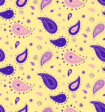 Pembe ve mor desenli parlak desenli soluk sarı bir arka plan. Tekstil, moda veya web sitesi tasarımı için mükemmel.