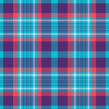 Canlı deniz mavisi, mercan ve mor ekose desenli. Tekstil tasarımı, moda, giyim ve web geçmişi için ideal. Kusursuz bir tekrara sahip modern, şık bir his..