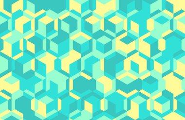 Canlı deniz mavisi ve sarı geometrik desen. Soyut izometrik küp tasarımı, arka planlar, web sitesi afişleri veya tekstil baskıları için ideal.