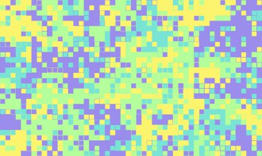 Canlı pastel kare mozaiği. Sarı, mor, yeşil ve mavi renkli soyut geometrik desen. Web sitesi geçmişi, tekstil baskıları veya modern sanat projeleri için ideal.